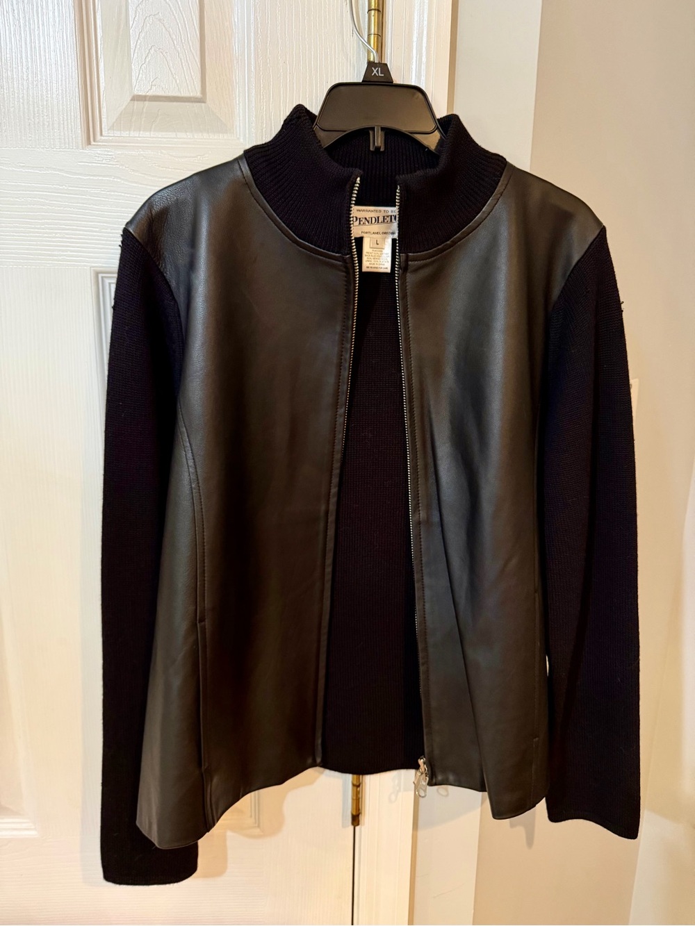 Vtg 90s Pendleton Full Zip Sweater Jacket Womens L Black Leather Merino Wool - Picture 8 of 15